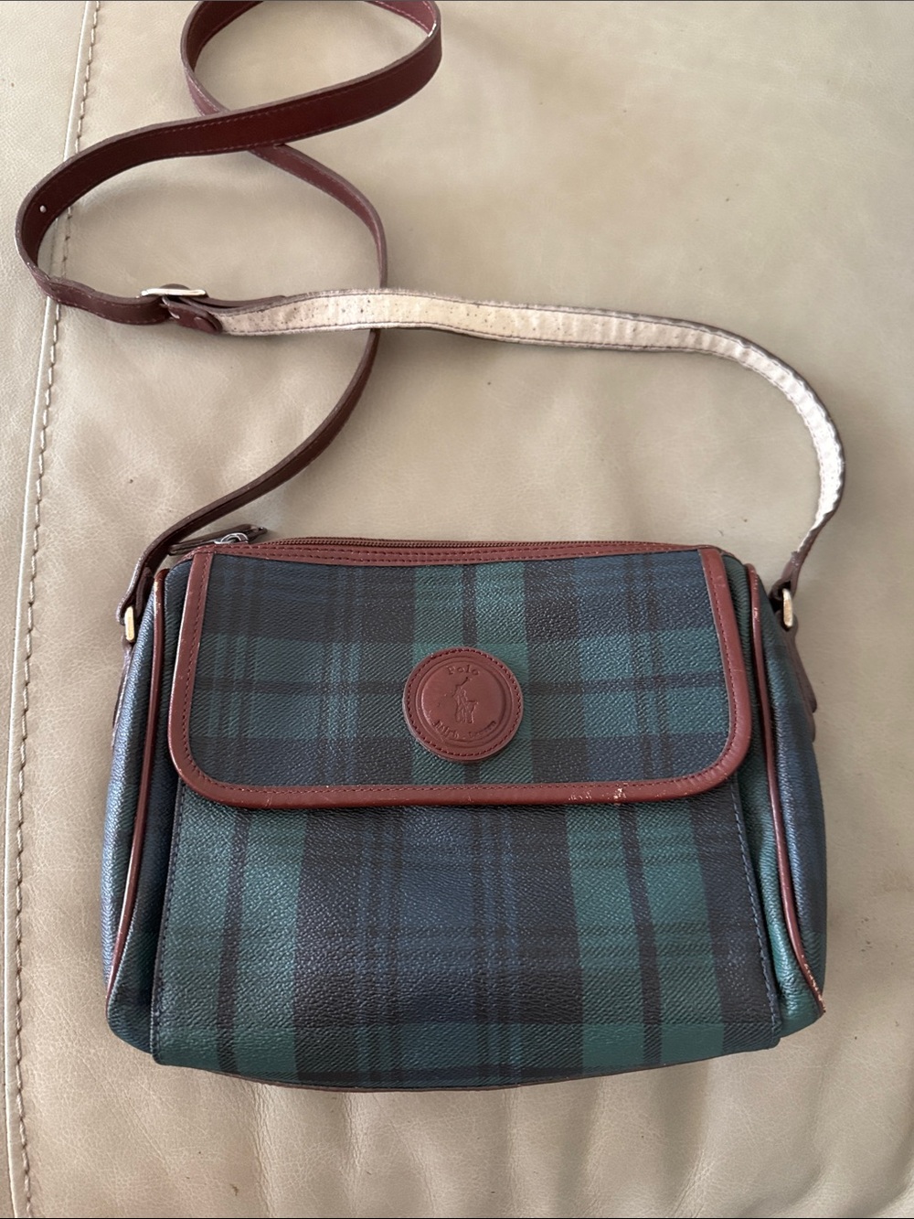 Vintage Ralph Lauren Dark Green & Black Plaid Crossbody with Brown Trim